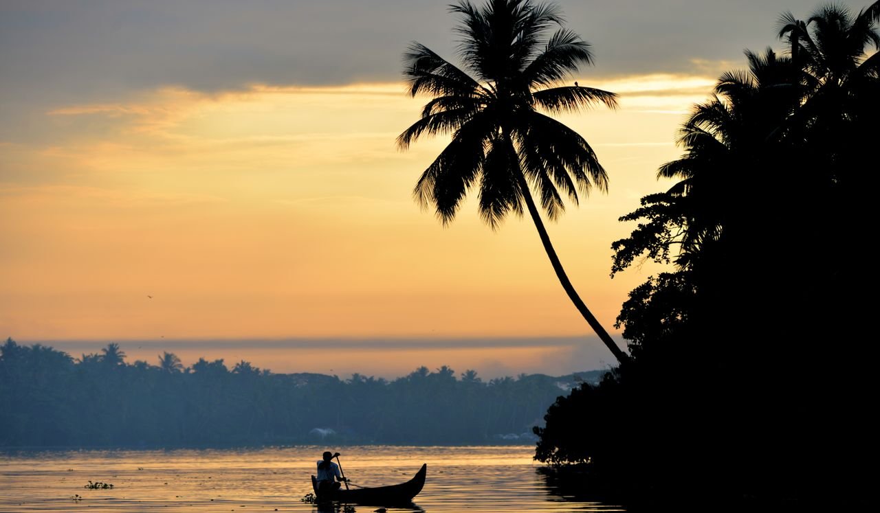 Captivating sunset over Kerala's backwaters, silhouette of canoe and palm trees.